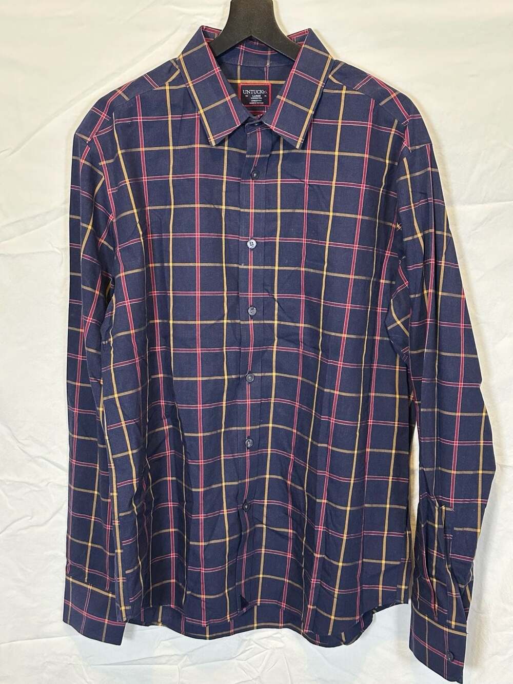 UNTUCKit Georgio WF Shirt Large Navy Plaid Wrinkle Free Cotton